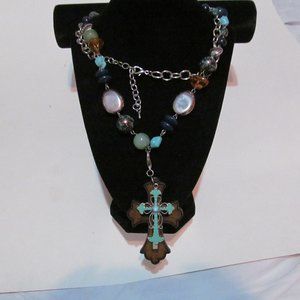 Long silver tone necklace mixed beads wooden cross